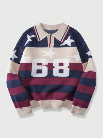 Maglione lavorato a maglia jacquard con colletto, motivo a lettere e pentagramma