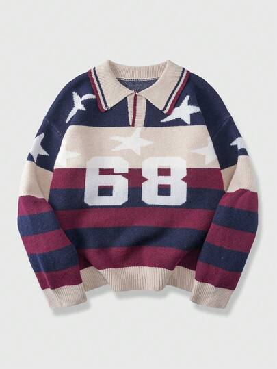 Maglione lavorato a maglia jacquard con colletto, motivo a lettere e pentagramma