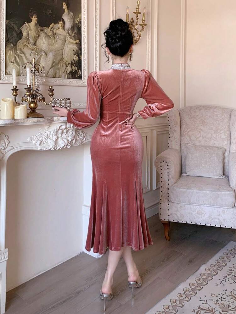 Women's Stand Collar Raglan Sleeve Ruffle Hem Fitted Midi Dress Sundress