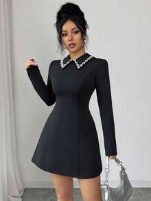 Selianne Elegant Black And White Plus Size Business Dress,Autumn A-Line French Style Pearl Decor Collared Long Sleeve Waist Cinched Dress For Dinner,Holidays - Black - View 7