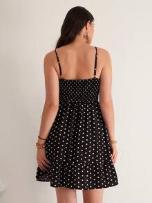 SHEIN VCAY 大码复古波点吊带连衣裙，适合度假、休闲通勤等各种场合，A字型修身短款连衣裙，女士 - 黑色 - 查看 6