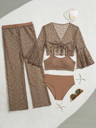 SHEIN Bộ bikini cho bé gái tuổi teen màu cà phê, chất liệu lưới rỗng trơn và vải dệt kim, quần áo bằng sợi len, áo lưới rỗng phủ ngoài với một lớp lưới bên trong, bộ đồ bơi bốn mảnh và quần bơi, quần áo bằng sợi len và quần dài, thời trang, giản dị, tinh tế, lộng lẫy, phù hợp cho các quý cô thích hợp để bơi lội, thích hợp cho kỳ nghỉ hè, bãi biển, hồ bơi, tiệc tùng mùa hè, kỳ nghỉ thư giãn. Bộ áo midi xẻ tà buộc dây họa tiết da báo và quần short cạp chun, bộ hai mảnh cho kỳ nghỉ.