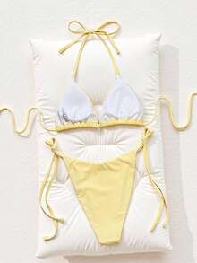 Swim SXY-D Solid Color Triangle Drawstring Halter Tie Knot Metal Decor Side Tie Bottoms Sexy Beach Bikini Set For Women - Yellow - View 4