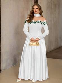 Roveilla 大码女式白色露肩褶皱A字长袖碎花边连衣裙，优雅甜美，适合约会、海滩度假、婚礼、情人节等场合。 - 白色 - 查看 6