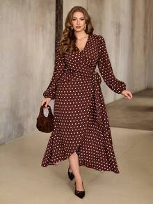 Roveilla 大码波点系带长袖梭织连衣裙，春夏款 - 咖啡棕 - 查看 4