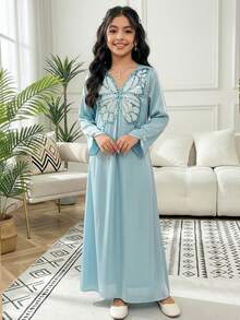 SHEIN Tween Girl Elegant Blue Satin Arabian Dress - Blue - View 5