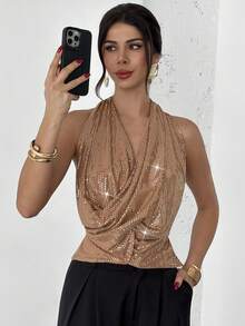 Firerie Top élégant et sexy pour femmes avec sequins dorés, dos nu. Idéal pour l'automne, l'hiver, Noël, les fêtes, le Nouvel An. Top pailleté, brillant, pour boîte de nuit, soirée d'entreprise. Débardeur - Doré - Voir 8