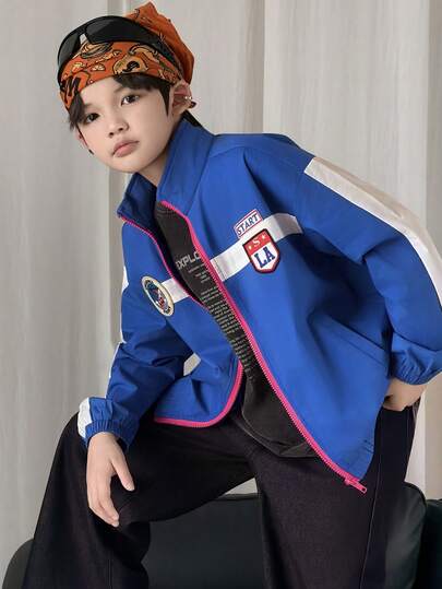 DAZY Tween Boy Letter Graphic Contrast Color Zipper Front Casual Jacket Spring