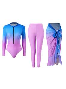 Swim Mulvari 3件套女士时尚渐变拉链长袖圆领泳衣上衣、长款弹力腰泳裤和系带裙比基尼套装 - 彩色 - 查看 5