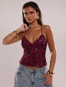 SHEIN BAE Women's Summer Sequin & Floral Embellished Camisole Top - Burgundy - View 3
