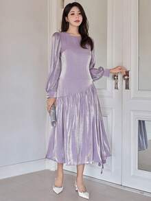 DAZY Women's Elegant Solid Color Lantern Sleeve Mid-Length Dress Maxi Dress Sundress - Purple - View 3