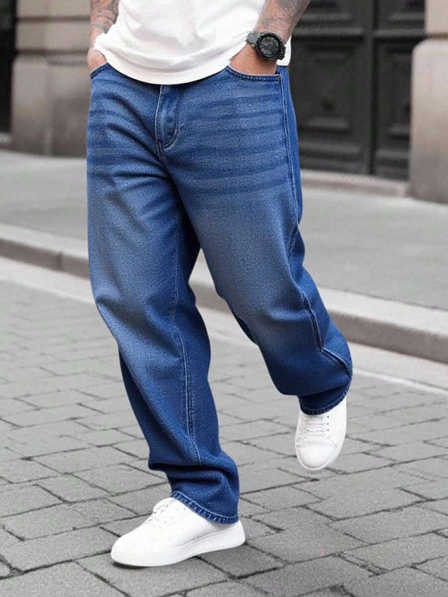 Manfinity Hypemode Men's Casual Street Style Loose Fit Distressed Straight Leg Jeans Baggy Jeans Man - Medium Wash - View 1