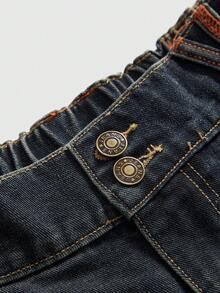 ROMWE Avant 大码女式新款中国风虎头艺伎图案英文刺绣复古牛仔短裤 - 藍色 - 查看 4