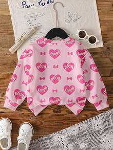 CoComelon X SHEIN Young Girl Casual Heart & Cartoon Pattern Crew Neck Sweatshirt, Autumn - White - View 2