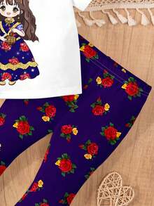 SHEIN Conjunto de pantalones de manga corta con cuello redondo y estampado de dibujos animados, informal para bebé niña, adecuado para primavera/verano - Multicolor - Ver 5