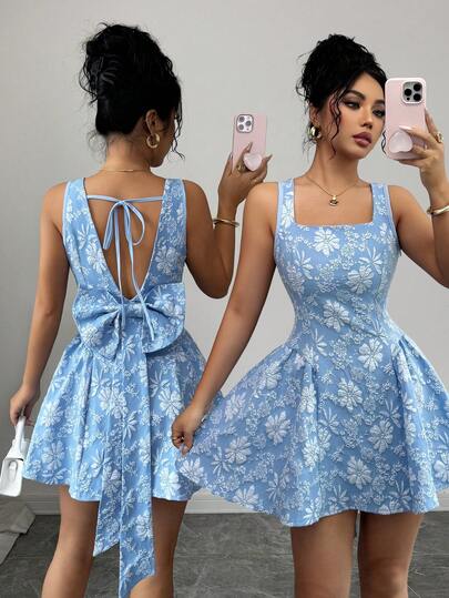 Rafferiza Women's Romantic Date Minimalist Square Neck Backless Bow Tie Waist Jacquard Short Slip Dress, Spring/Summer Bow Dresses For Women Women Vacation Dress