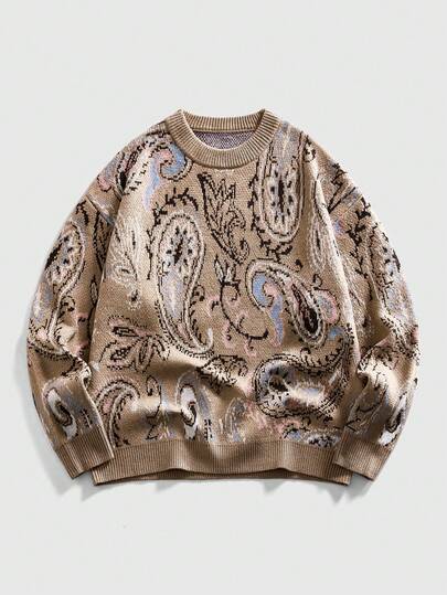 Pull col rond homme motif noix de cajou tricot rétro