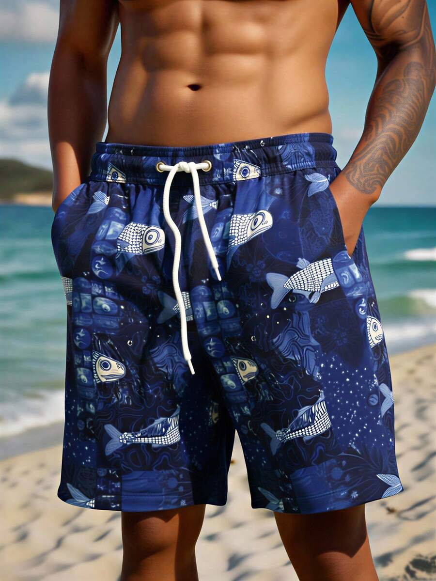 Manfinity Swimmode 男士夏季度假休闲时尚全鱼印花抽绳腰斜插口袋宽松沙滩短裤 男士配套泳裤 男士泳裤 男士沙滩装 男士泳裤短裤 男士夏威夷泳裤 男士沙滩装 鲨鱼印花泳裤 男士沙滩短裤 - 藏蓝色 - 查看 1