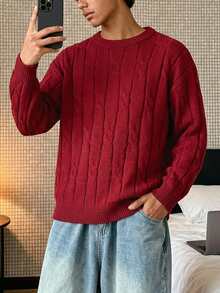 Manfinity Unisex 1件男士圆领纯色麻花针织休闲套头毛衣，适合秋冬季节，情侣装