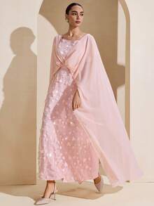 Graceveil Đầm dạ hội thanh lịch dành cho nữ, thắt eo, trang trí hoa 3D, thiết kế phối lưới, phù hợp cho các dịp lễ hội Ả Rập. - Hồng - Xem 5