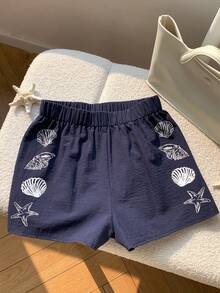 Comfortcana 女士贝壳和海星印花松紧腰休闲宽松短裤 - 藏蓝色 - 查看 2