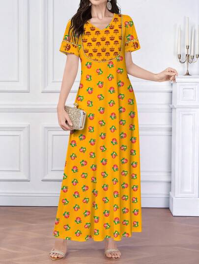 SHEIN Najma Women's Yellow Floral, Fan-Shaped Floral & Botanical Print V-Neck Short Sleeve Elegant Dress, Spring/Summer