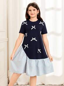 SHEIN Tween Girl Woven Solid Color Plaid Patchwork Cute Bow Decor Round Neck Short Sleeve Loose Dress, Blue Dress, Suitable For Travel, Daily Outing, Back To School - Royal Blue - View 5