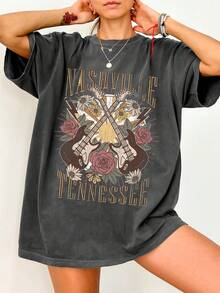 EMERY ROSE Camiseta casual holgada de cuello redondo con estampado de guitarra de la ciudad de la música retro para mujer - Gris Oscuro - Ver 3