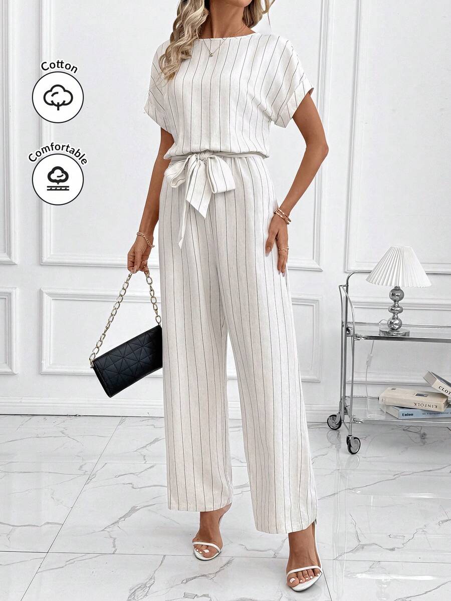 SHEIN Clasi 女士新款优雅连体裤，配有腰带，收腰设计，亚麻质感条纹面料，舒适宽松休闲连体裤，适合工作和通勤穿着。 - 彩色 - 查看 1