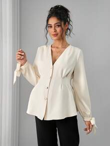 Momance Maternity Shirt With Bow Tie Straps, Shirred Cardigan, Waist Saving, Back Pleated, Front Button A-Line Blouse - Beige - View 1