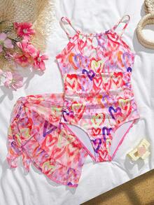 SHEIN 8-12岁女童露背连体泳衣，带裙式罩衫，水彩爱心印花泳装，镂空设计弹力泳衣，适合沙滩泳池游泳 - 彩色 - 查看 3