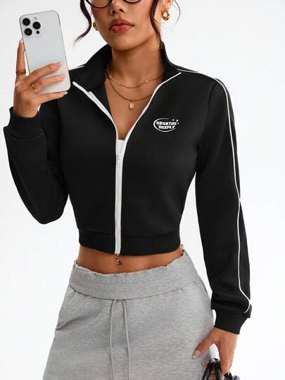 Dewbera Women's Casual Sports Zip-Up Contrast Trim Jacket Workout Zip Up Cropped Zip Up