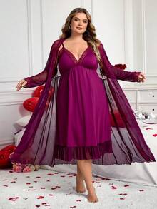 SHEIN CURVE+ 加大码/情人节/优雅纯色蕾丝拼接吊带连衣裙及睡袍套装 - 酒紅色 - 查看 8