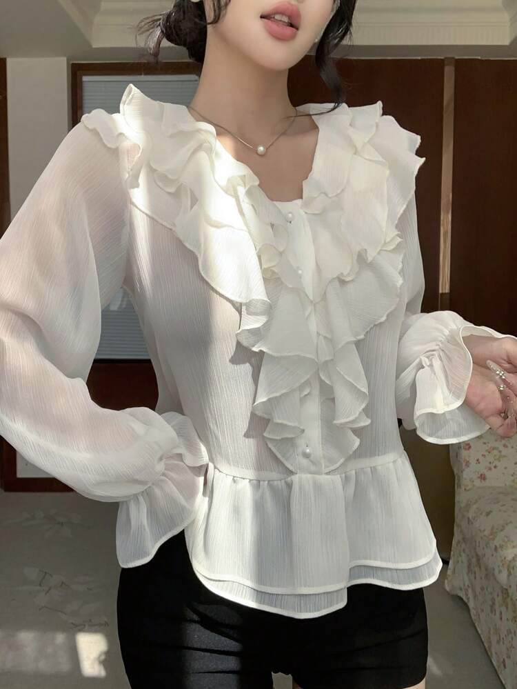 Women's Elegant Solid Color Ruffle Hem Blouse, Spring/Summer