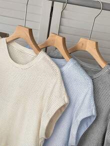 SHEIN LUNE 3件套女士休闲条纹短袖T恤套装，适合夏季度假、通勤和日常穿着 - 彩色 - 查看 5