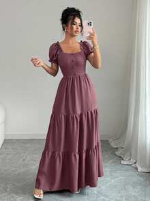 Elenzga 女士优雅长裙，独特领口设计，多层拼接，荷叶边装饰，修身垂坠/层叠式/假日装扮/波西米亚风/浪漫花卉/休闲度假风 - 藕粉色 - 查看 5