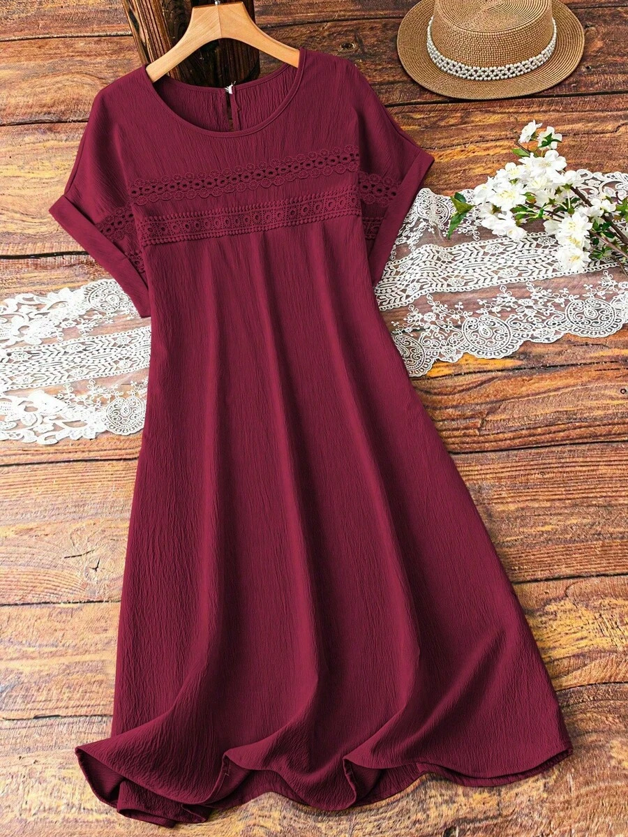 Linhara Plus Size Women Solid Color Lace Hollow Out Sleeveless Dress - Red - View 1