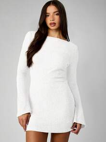 MISSGUIDED Long Sleeve Knitted Mini Dress Off Shoulder Bodycon Ribbed Sweater Dress Fall Winter Cozy Pullover - White - View 5
