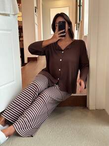 Dream Adore Plus Size Knitted Ribbed Ribbed Print Sexy Camisole, Pants And Outer Robe 3 Pieces Set, Can Be Worn Outerwear - Brown - View 2