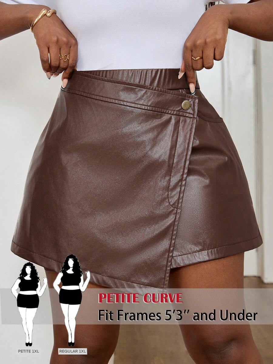 SHEIN PETITE CURVE 大码纯色裹身休闲百搭短裤棕色皮裙女装低腰棕色短裙，适合夏季、情人节、狂欢节、派对、优雅场合、日常通勤、办公室、毕业典礼、学校等。 - 咖啡棕 - 查看 1