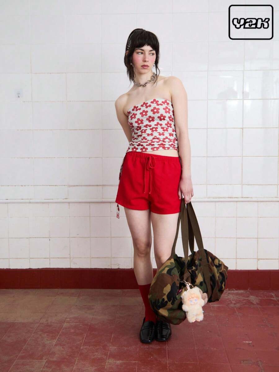 COUREZ Shorts deportivos mini clásicos con rayas laterales, para verano para mujeres, estilo casual de calle, vintage Y2K - Rojo - Ver 1