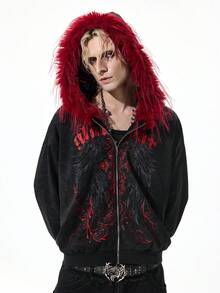 ROMWE MEN Goth Áo hoodie nam màu tối, viền lông mềm mại, có khóa kéo, kiểu dáng thường ngày, thích hợp cho mùa thu. - màu đen - Xem 1