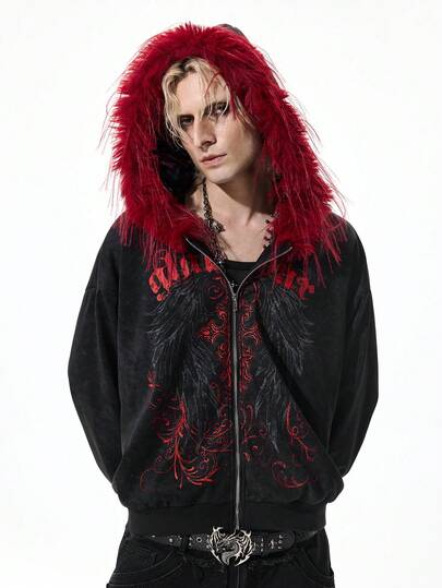 Goth Herren Lässiger dunkel gefärbter Hoodie mit Fellbesatz, Herbst