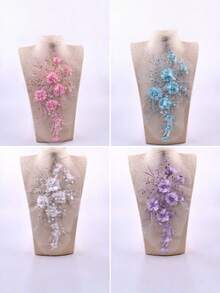 1 Piece Chiffon 3D Beaded Floral Applique Patch Wedding Dress Decoration Lace Embroidery Patch DIY Clothing Embellishment For Costume Party Prom Bridal Crafting Sewing Embellishment Accessories - Multicolor - View 5