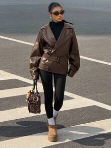 Muchica Áo khoác da nữ màu trơn cổ ve áo dáng rộng vai rớt kiểu biker - màu nâu - Xem 5