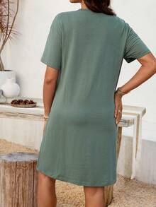 SHEIN Casual Printed Round Neck Short Sleeve Nursing Dress - Green - View 2