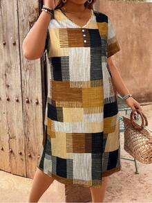 EMERY ROSE Plus Size Plaid Patchwork Print V-Neck Button Decor Dress - Multicolor - View 4