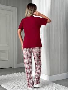 SHEIN Plaid Pajama Set – Cozy Red Short Sleeve Top & Checked Pants, Loungewear, Cute - Red - View 2
