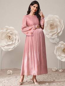 SHEIN 孕妇纯色圆领喇叭袖褶皱优雅连衣裙 - 粉色 - 查看 4