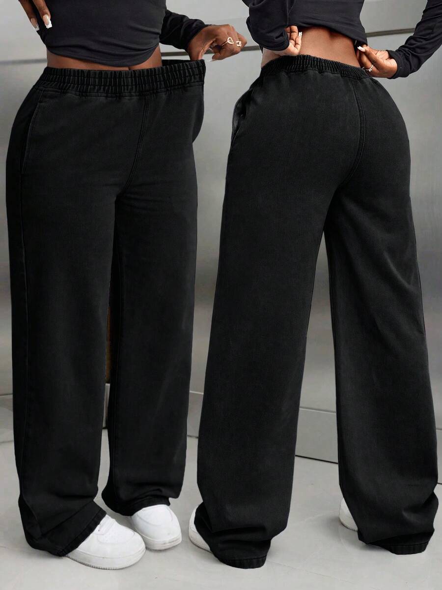 SHEIN Tall Quần jean denim nữ dáng suông, cạp chun, màu xanh bạc, kiểu dáng thường ngày. - màu đen - Xem 1